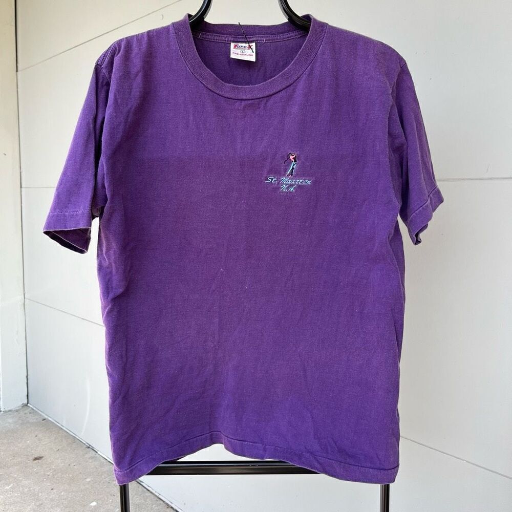 Vintage 90s Tuff-T St. Maarten Tee Purple Single Stitch Golfer Embroidered L